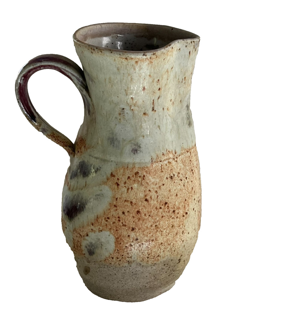 Studio Art Pottery Pitcher Handmade Vase Ivory Brown Orange Mix Speckled 9" X 5"